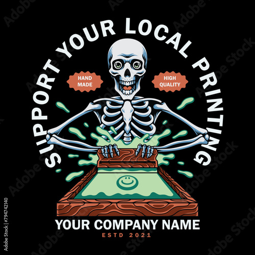 screen printing skeleton skull on dark background