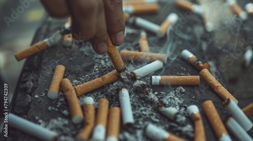 Close-up view of a person's hand putting out a lit cigarette among many stubs in an ashtray. photo