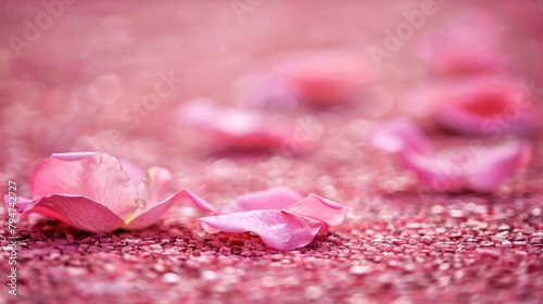 Delicate pink rose petals resting on a bed of soft blush-colored pebbles creating a serene backdrop.