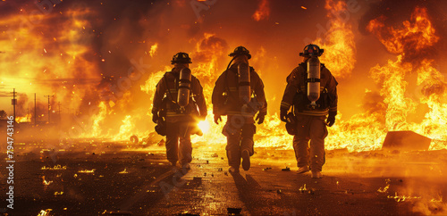 Three firefighters in protective gear walking into an intense blaze, depicting bravery and emergency response.