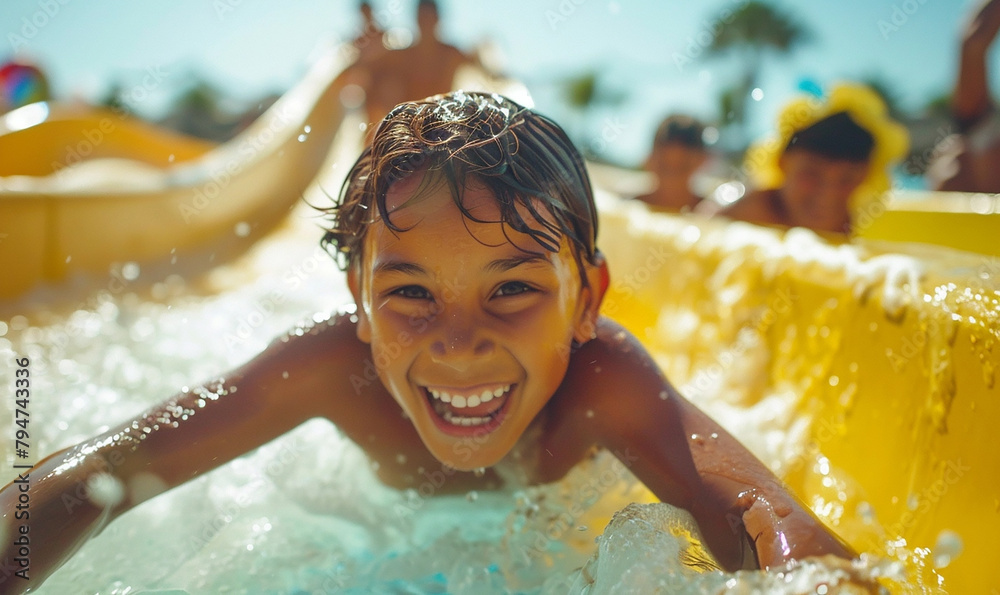 Cute child playing on water slide sliding down smiling happily at amusement park
