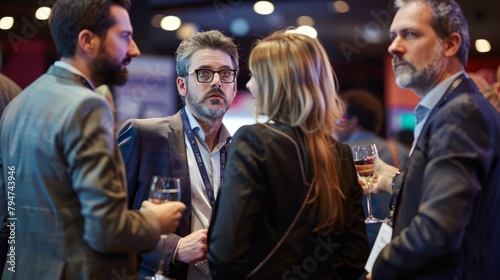A group of professionals standing around each other, engaged in conversation and networking at a business conference