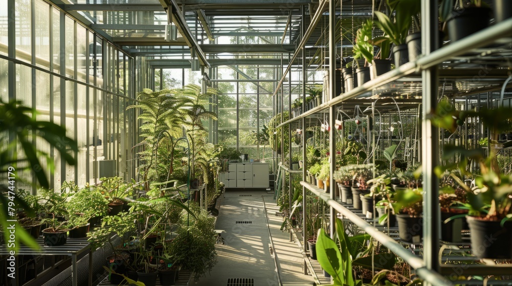 A greenhouse is overflowing with various potted plants, creating a lush and vibrant botanical display in a research facility