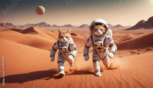 a whimsical scene of a cat astronaut wearing a space suit, running through a vast red martian desert landscape