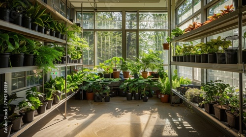 Diverse collection of potted plants filling a room in a botanical research facility