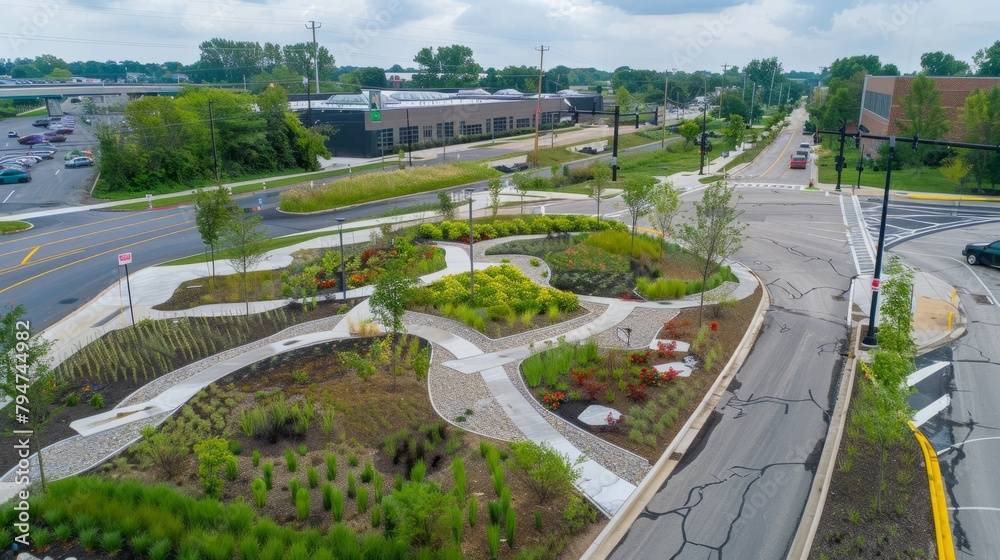 A birds eye view of a parking lot and street, showcasing green infrastructure with rain gardens and permeable pavement for stormwater management in an urban area