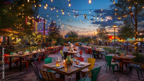 A wide-angle shot of a lively outdoor dining area at dusk, with colorful string lights illuminating the space and tables set with chairs ready for guests