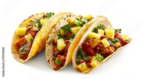Three delicious tacos filled with pineapple salsa and topped with fresh cilantro on a white background