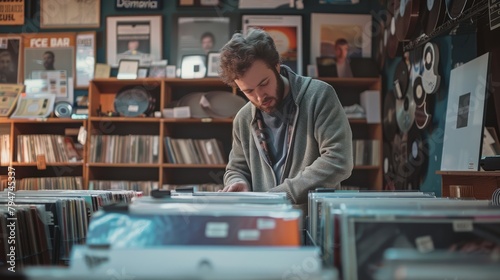 A music enthusiast is flipping through vinyl records in a record shop