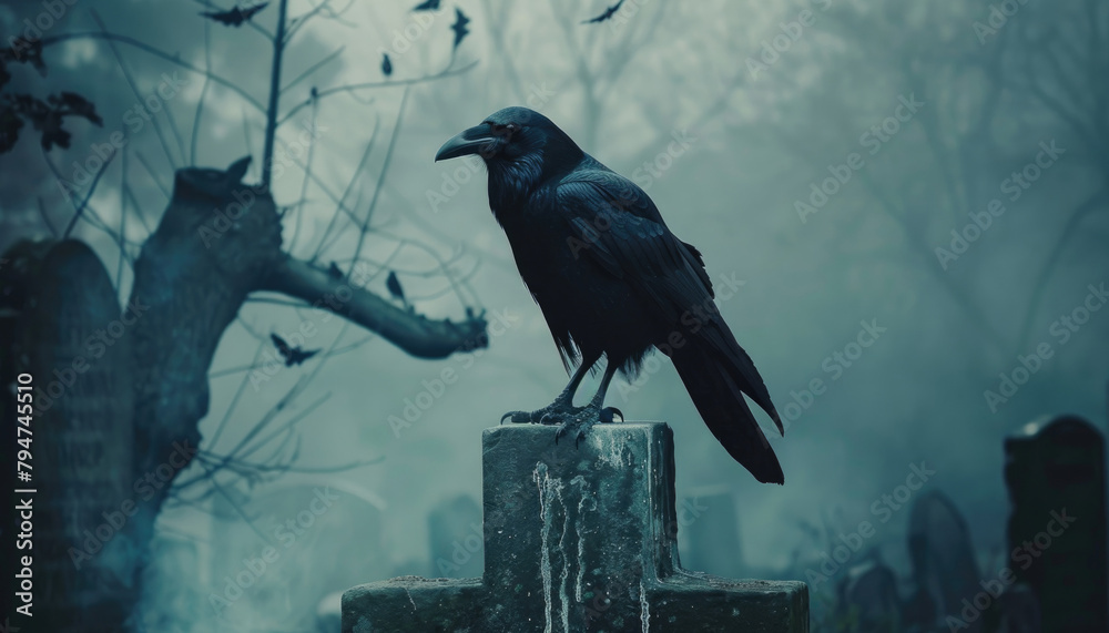 Naklejka premium A black crow is perched on a stone pillar in front of a cemetery by AI generated image