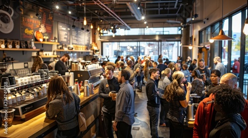 A large group of people gathered around a bustling coffee shop during its grand opening, creating a lively and energetic atmosphere
