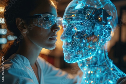 A human and robot engineer team working together on a holographic blueprint of a sustainable city, discussing design elements