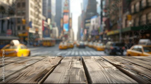 Old wooden table top with a defocused urban street scene backdrop featuring yellow cabs.