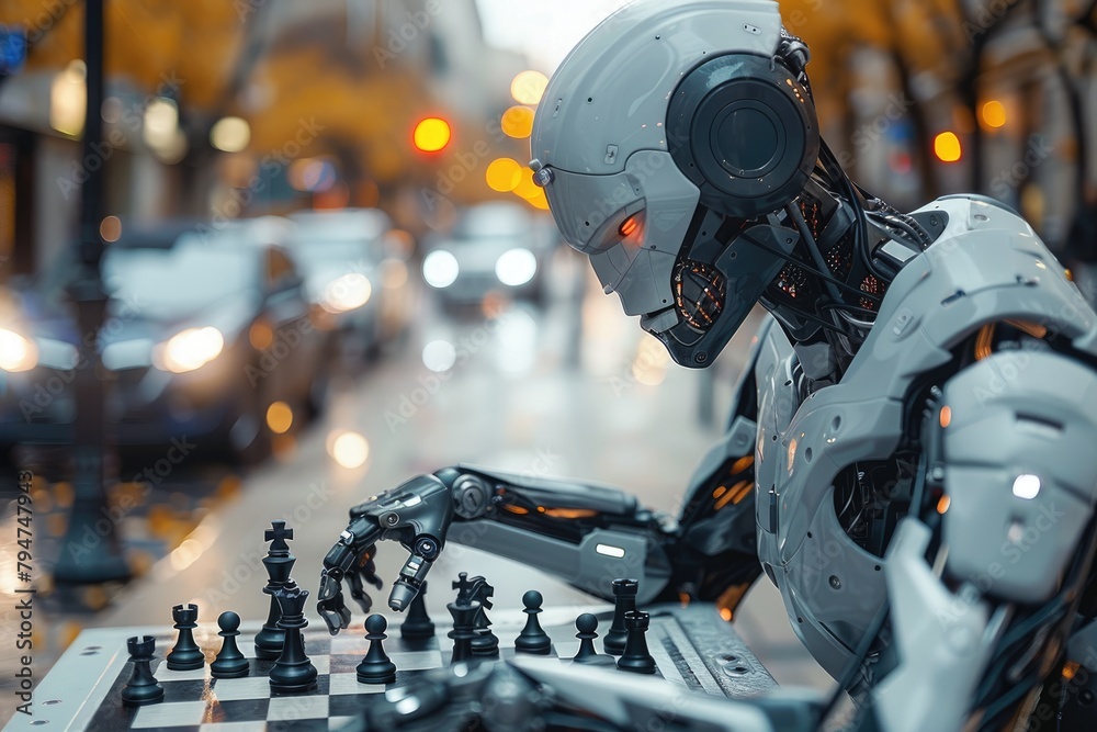 A robot playing chess with a human in a public square, with interactive digital billboards and autonomous cars passing by A robot playing chess with a human in a public square, with interactive digital billboards and autonomous cars passing by