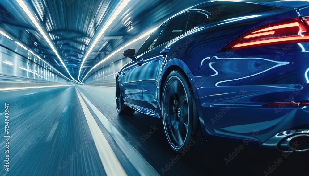 A blue sports car is driving down a highway by AI generated image