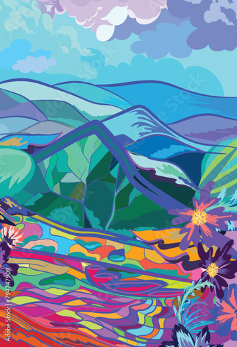 Carta da parati mountain tree vibrant art kubism