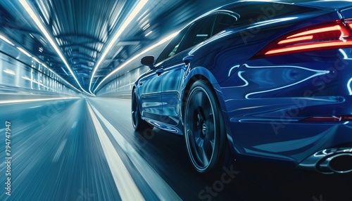 A blue sports car is driving down a highway by AI generated image