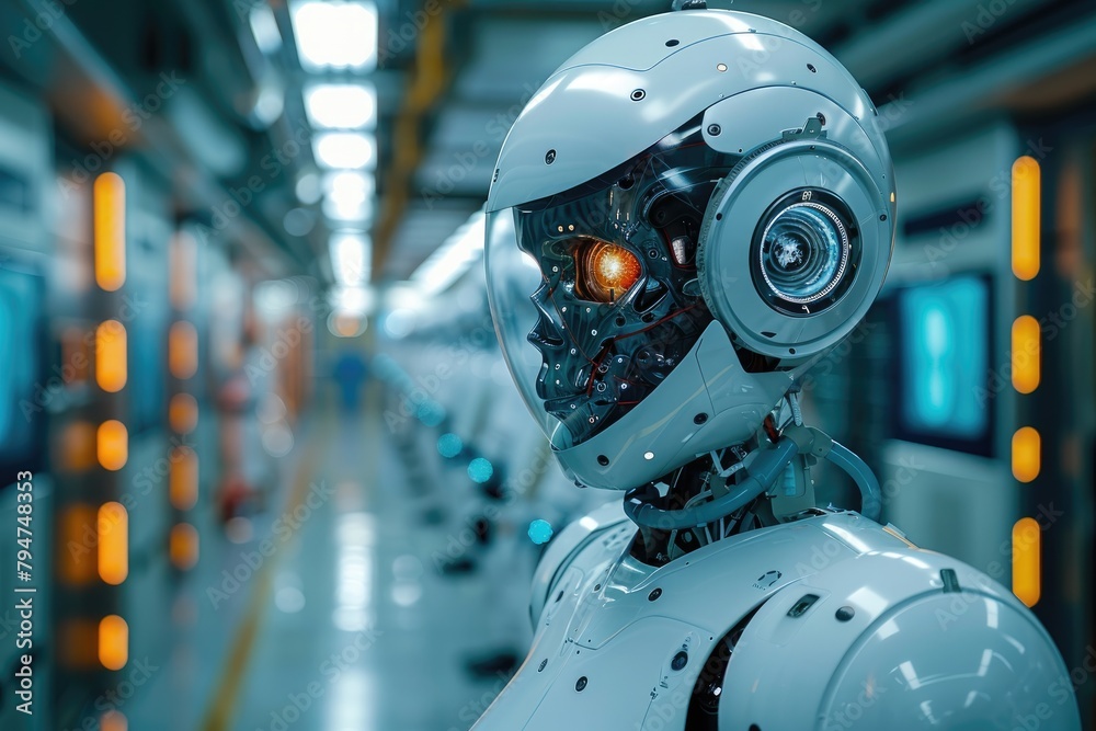 Fototapeta premium An AI-powered diagnostic robot analyzing patient scans and discussing treatment options with a team of doctors via a digital interface