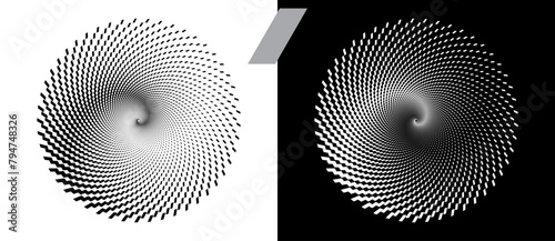 Abstract background with quadrilaterals in circle. Art design spiral as logo or icon. A black figure on a white background and an equally white figure on the black side.