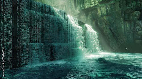 Binary code waterfall cascading into a digital abyss