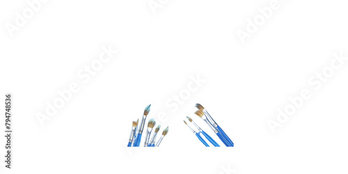 Watercolor art painting of paintbrushes and paints on blue watercolour background