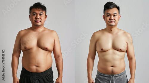 A comparison showcasing the transformation of a Japanese man from full-figured to athletic after regular workouts. Illustrating the journey of physical transformation and fitness progress.
