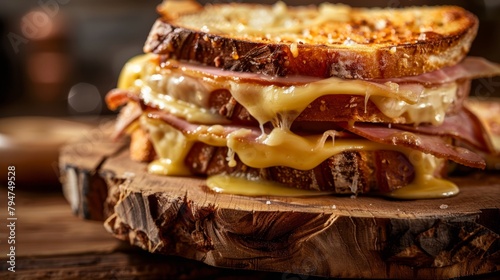 Close-up of a Croque Monsieur sandwich with melted cheese on a rustic wooden board