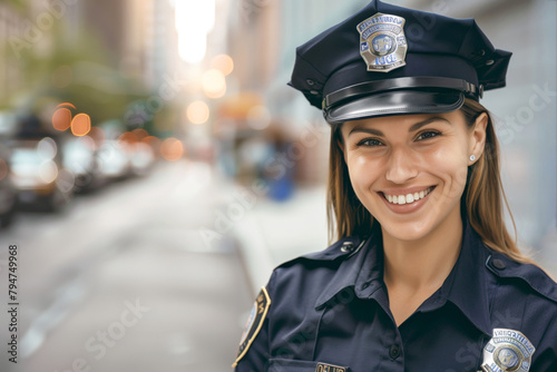 Friendly female police officer with a warm smile on an urban street. photo