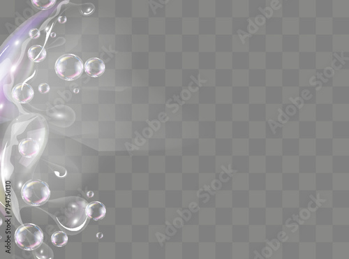 Bath foam with shampoo bubbles isolated on a transparent background. Vector shave, foam mousse with bubbles top view template for your advertising design.