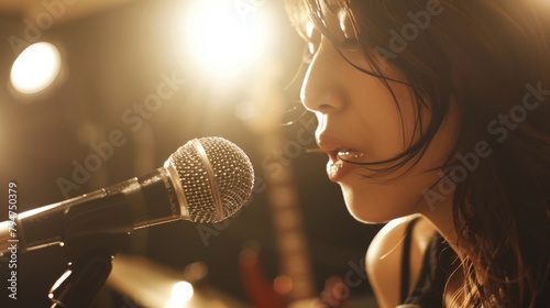 A close-up of a female singer performing live, passionately singing into a microphone on stage.