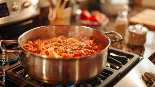 A pot of pasta and sauce is simmering on a stove in a southern homestyle kitchen in Goa photo