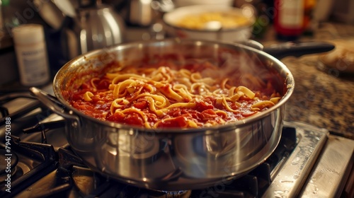 A pot of pasta filled with simmering sauce sits on a stovetop in a warm, southern homestyle kitchen