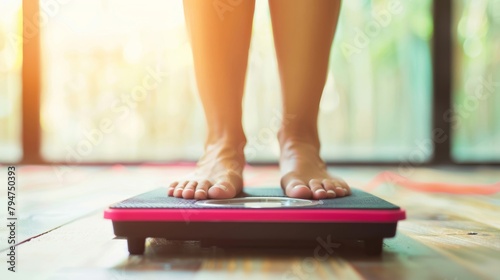 Close-up of bare feet standing on a red digital scale in a sunlit room, symbolizing weight management. photo