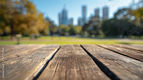 Foreground focus on wooden planks overlooking a blurred urban skyline in a sunny park.