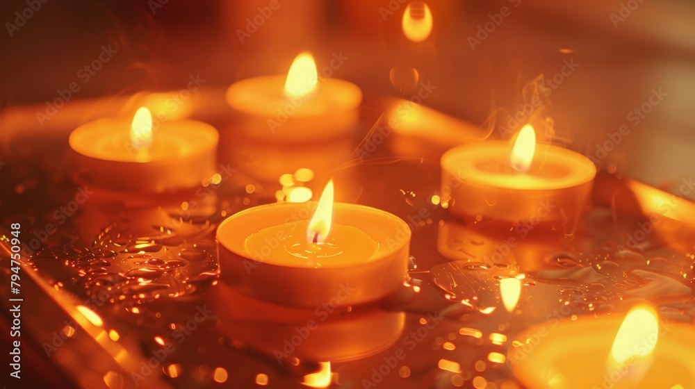 Candles lit tray water droplets Candles lit tray water droplets