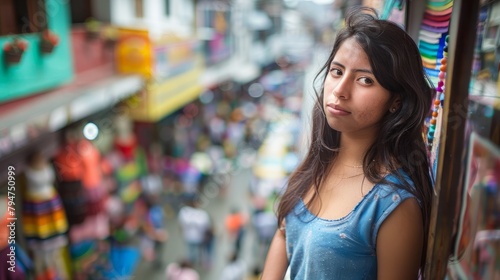 Young South American woman standing in front of a store window in a bustling city