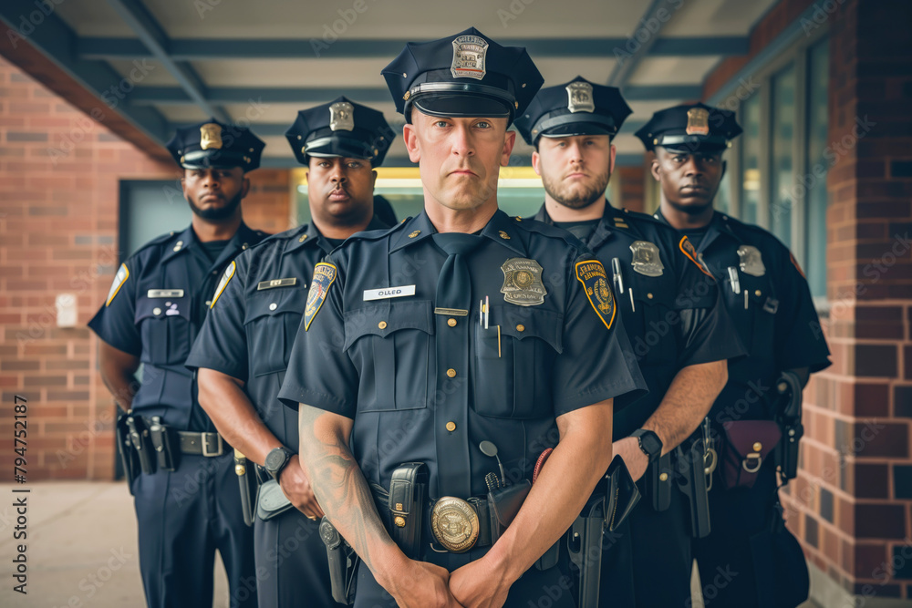 Group of serious police officers standing in uniform showing solidarity.