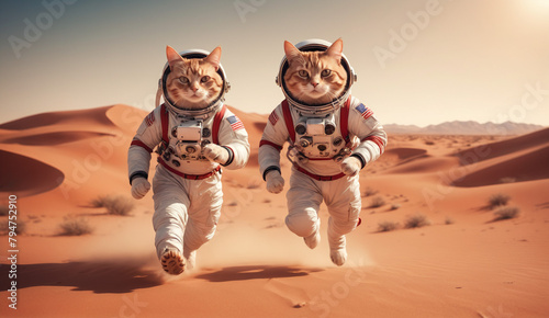 a whimsical scene of a cat astronaut wearing a space suit, running through a vast red martian desert landscape