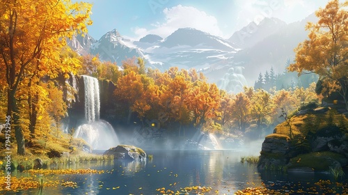 Beautiful autumn landscape with yellow trees and waterfall. copy space for text.