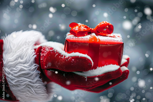 Santa's gloved hand clutching a vibrant red holiday gift photo