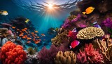  a whimsical underwater scene with colorful coral reefs and exotic fish.