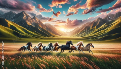 Scenic view of a group of horses, galloping across a vast plains. photo