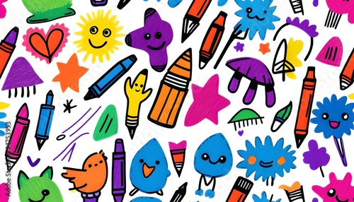 Felt pen vector illustrations set of child drawings sketch. Art supplies, animals and nature