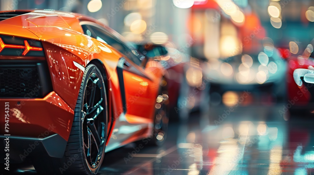 New cars display in luxury showroom with light bokeh in motor show event. Blurred Background of Luxury Cars in Showroom with Bokeh Lights. copy space for text. New cars display in luxury showroom with light bokeh in motor show event. Blurred Background of Luxury Cars in Showroom with Bokeh Lights. copy space for text.