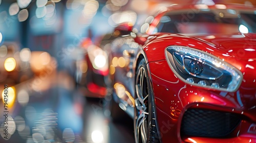 New cars display in luxury showroom with light bokeh in motor show event. Blurred Background of Luxury Cars in Showroom with Bokeh Lights. copy space for text. © Naknakhone