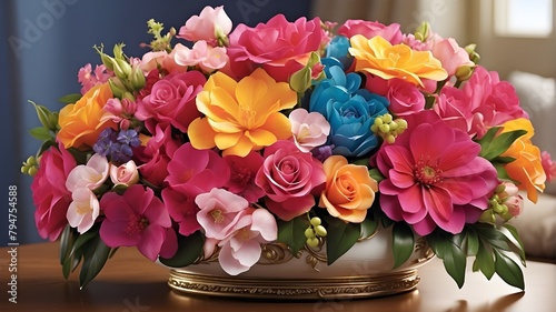A vibrant bouquet in full bloom that exudes natural freshness  fascinating light  and rich hues. Vase-filled arrangement of vibrant roses on a wooden table.  bunch of flowers  Vibrant and Multicolored