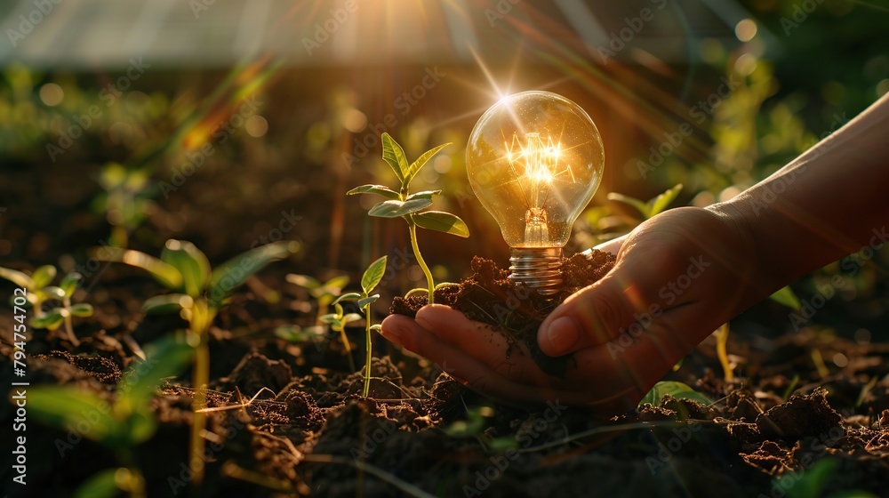 Fototapeta premium Renewable energy light bulb with green energy, Earth Day or environment protection Hands protect forests that grow on the ground and help save the world, solar panels. copy space for text.