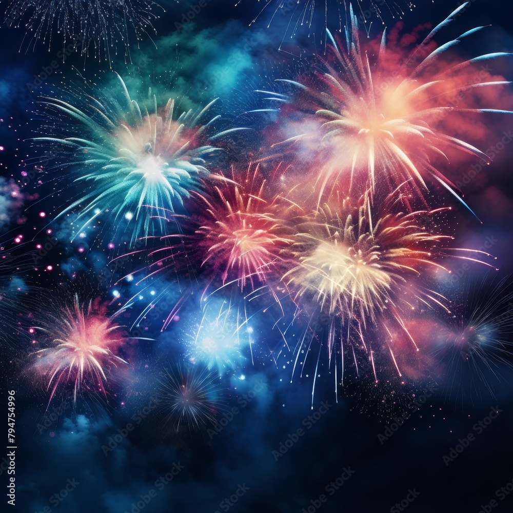 Fototapeta premium A close-up view of a fireworks display, showcasing the intricate details of the exploding bursts of light and color,