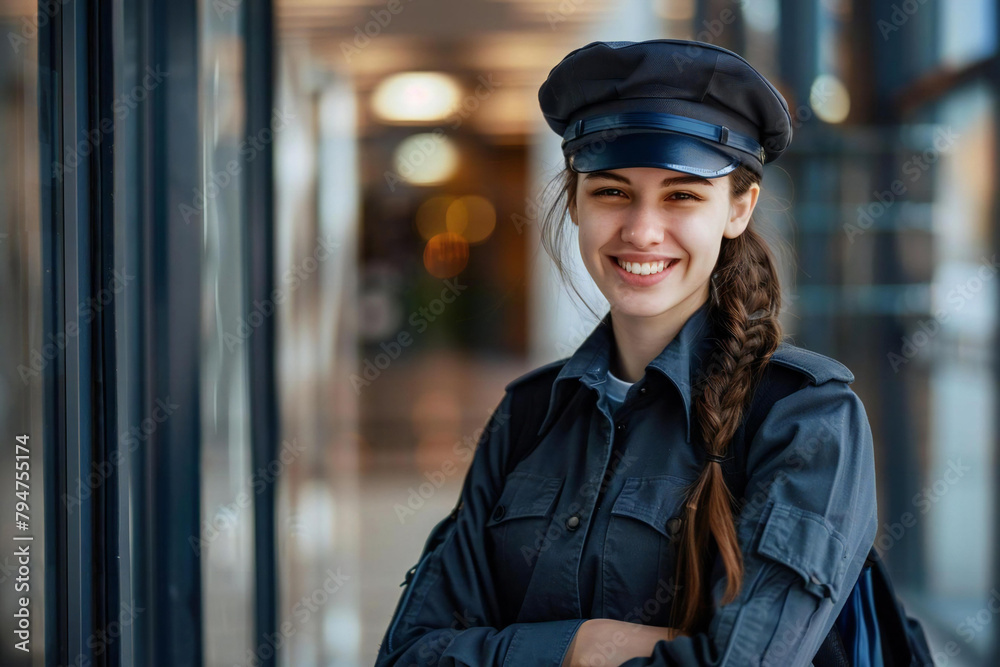 Guarding with a Smile: Female Security Officer on Duty Guarding with a Smile: Female Security Officer on Duty