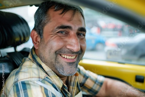 Happy Driver: Portrait of a Smiling Taxi Driver in His Cab